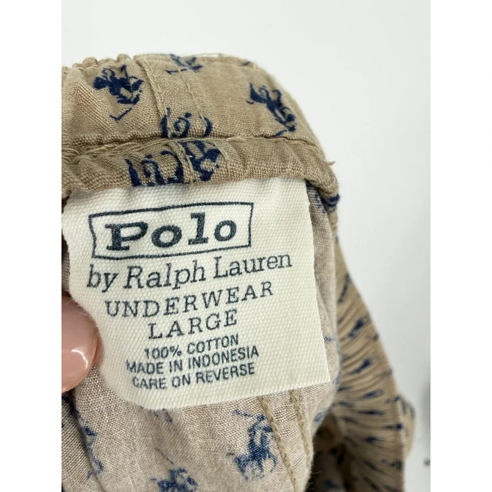 Polo Ralph Lauren Mens Pajama Pants Tan Navy Blue Pony All Over Print Cotton L